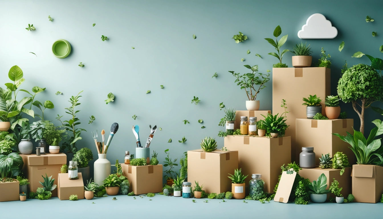 Cardboard boxes stacked with various potted plants, paintbrushes in jars, and a cloud decoration on a blue wall