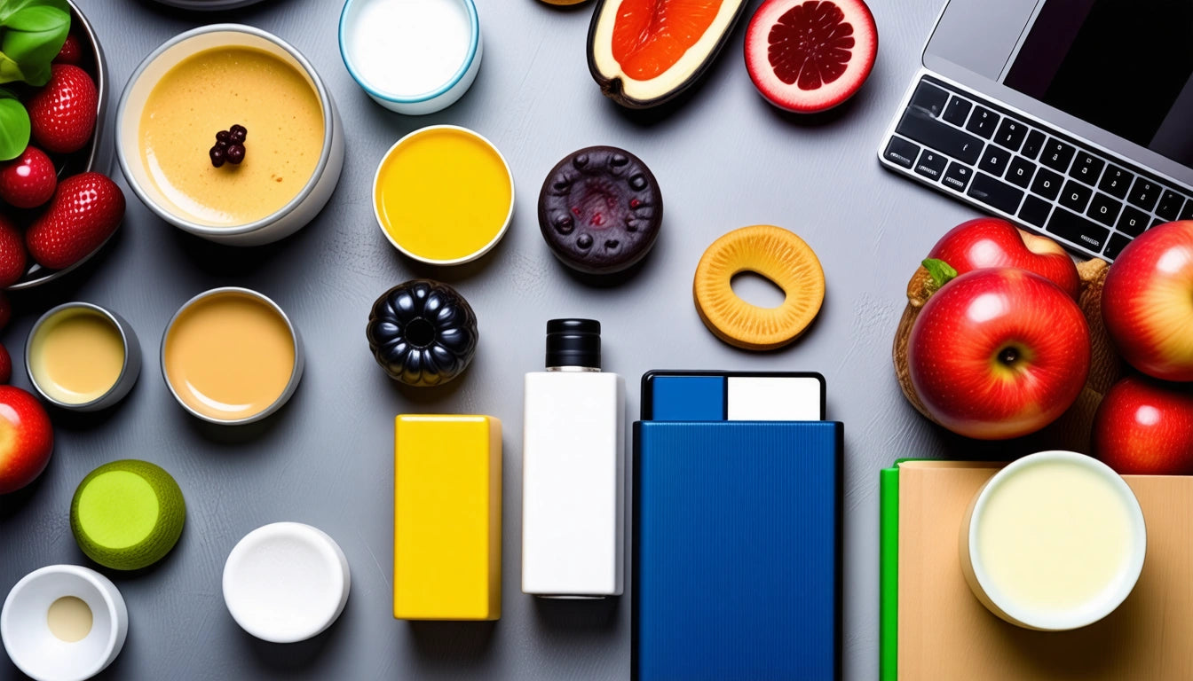 Assorted colorful bowls, fruits, books, and a keyboard arranged on a gray surface