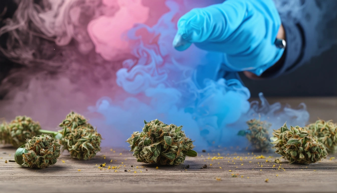 Gloved hand reaching over cannabis buds on wooden surface, with pink and blue smoke swirling in the background