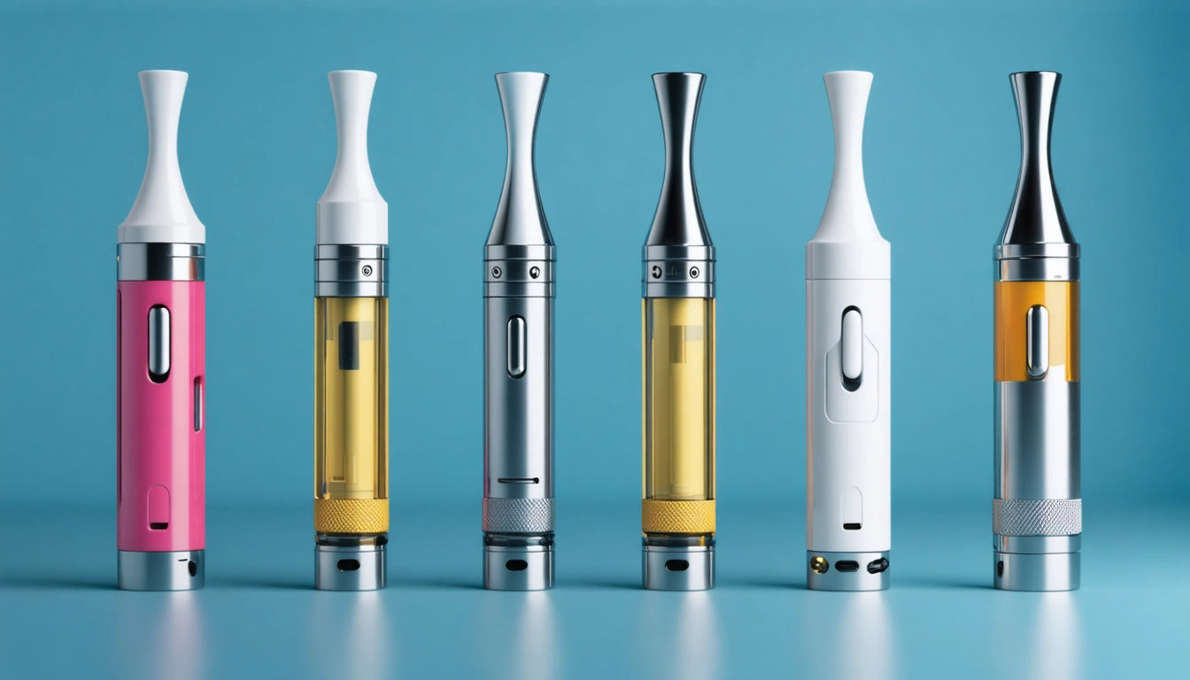 Five vape pens in a row on a blue background; colors include pink, silver, and white, with yellow liquid inside