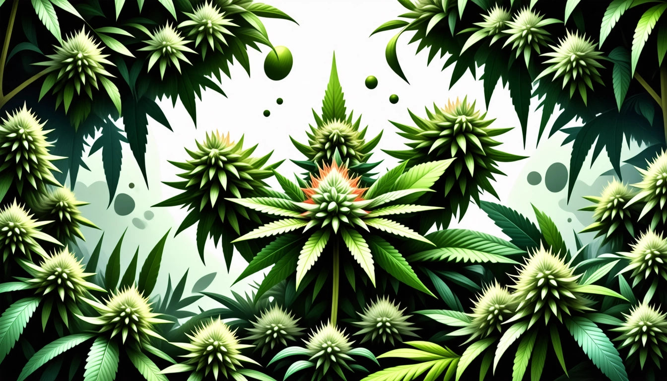 Dense green foliage with spiky leaves and clusters of pointed buds, some with a hint of orange, set against a white background