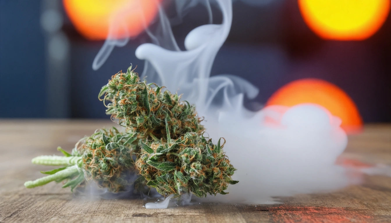 Two cannabis buds on a wooden surface with white smoke swirling around, blurred orange lights in the background