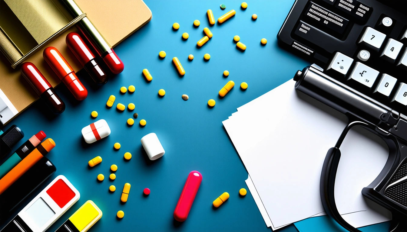 Notebooks, pens, scattered pills, keyboard, stethoscope, and blank papers on a blue surface