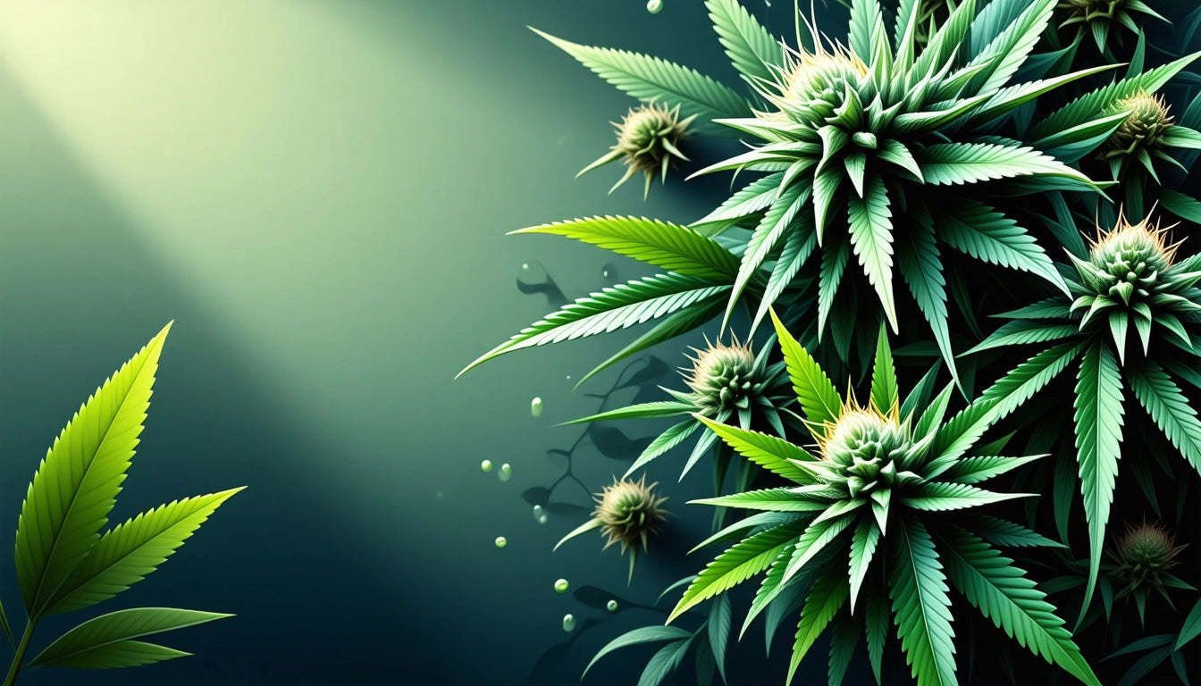 Green spiky plants with pointed leaves and buds, illuminated by a soft light from the top left against a dark background