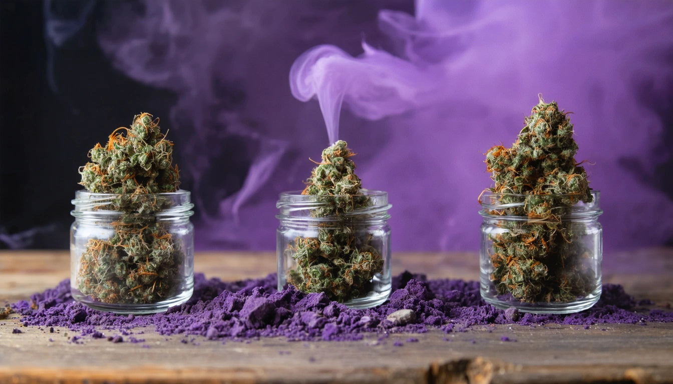 Three glass jars with green, orange-tinted buds on purple powder, surrounded by swirling purple smoke
