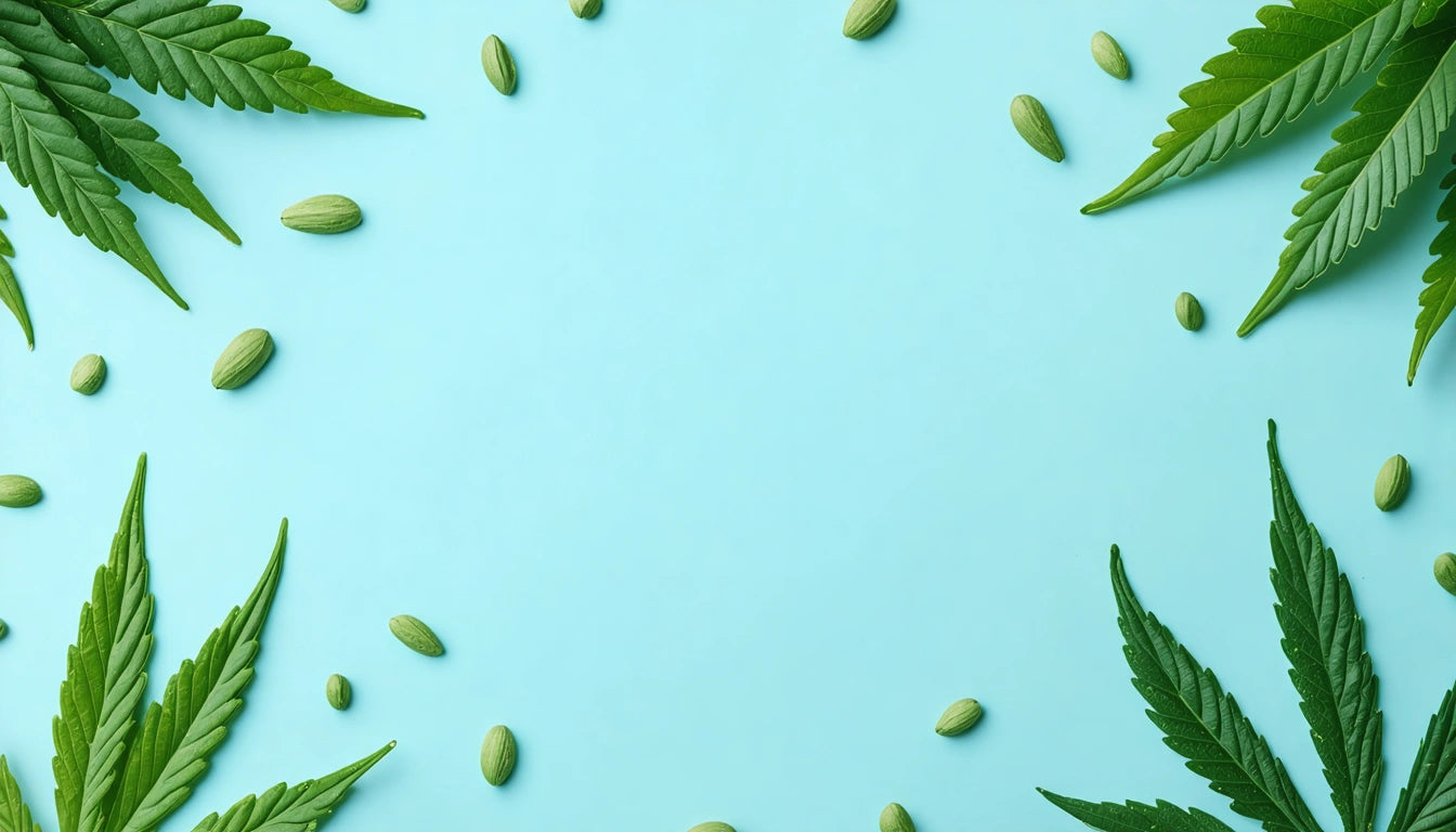 Green leaves and seeds scattered on a light blue background, forming a circular frame with an empty center space