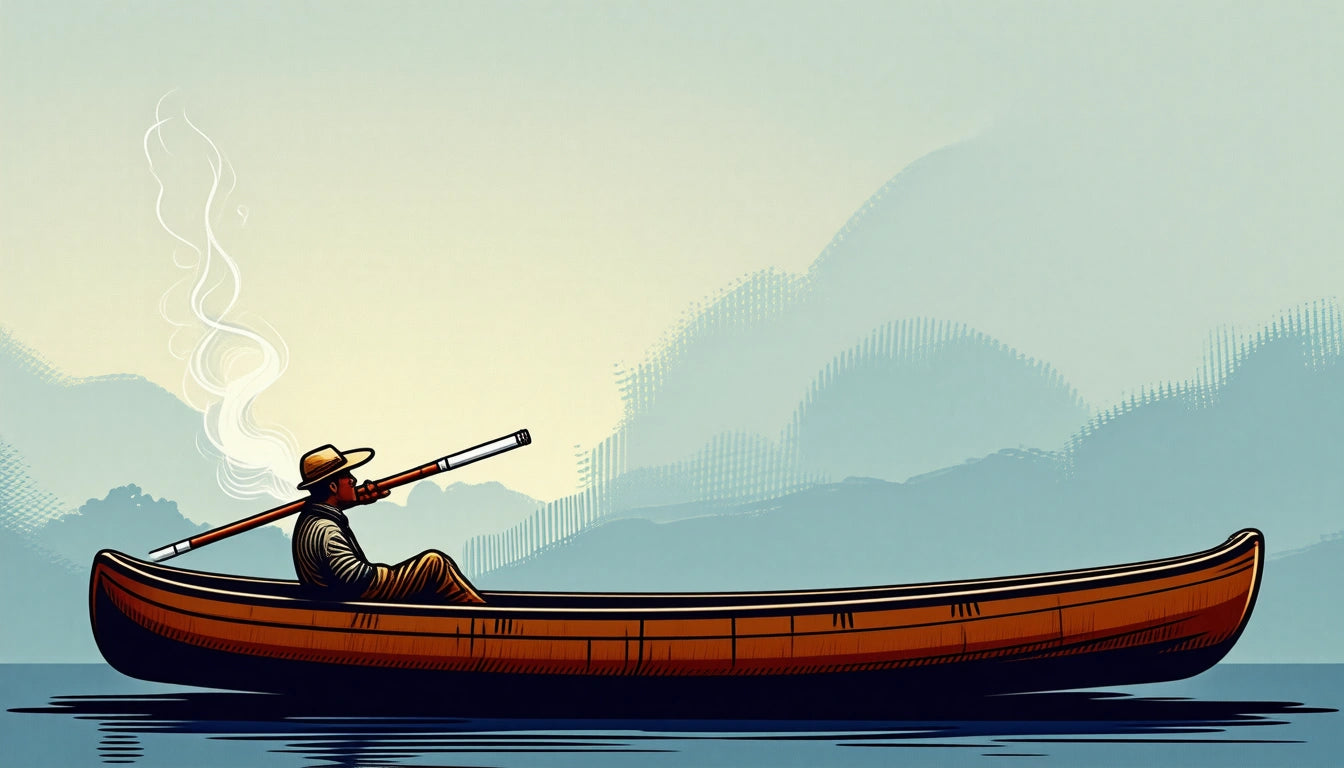 Person in a hat sitting in a canoe, holding a long pipe with smoke, against a backdrop of blue mountains and a pale sky