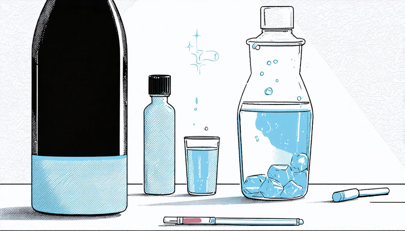 Large bottle, two smaller bottles, a glass with liquid, a flask with ice cubes and bubbles, and a thermometer on a table