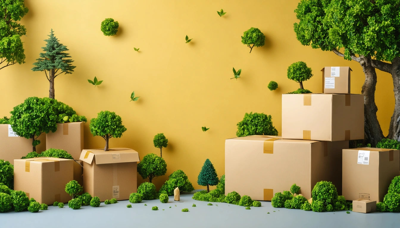Cardboard boxes with small trees on top, surrounded by miniature trees and shrubs against a yellow wall with green paper birds