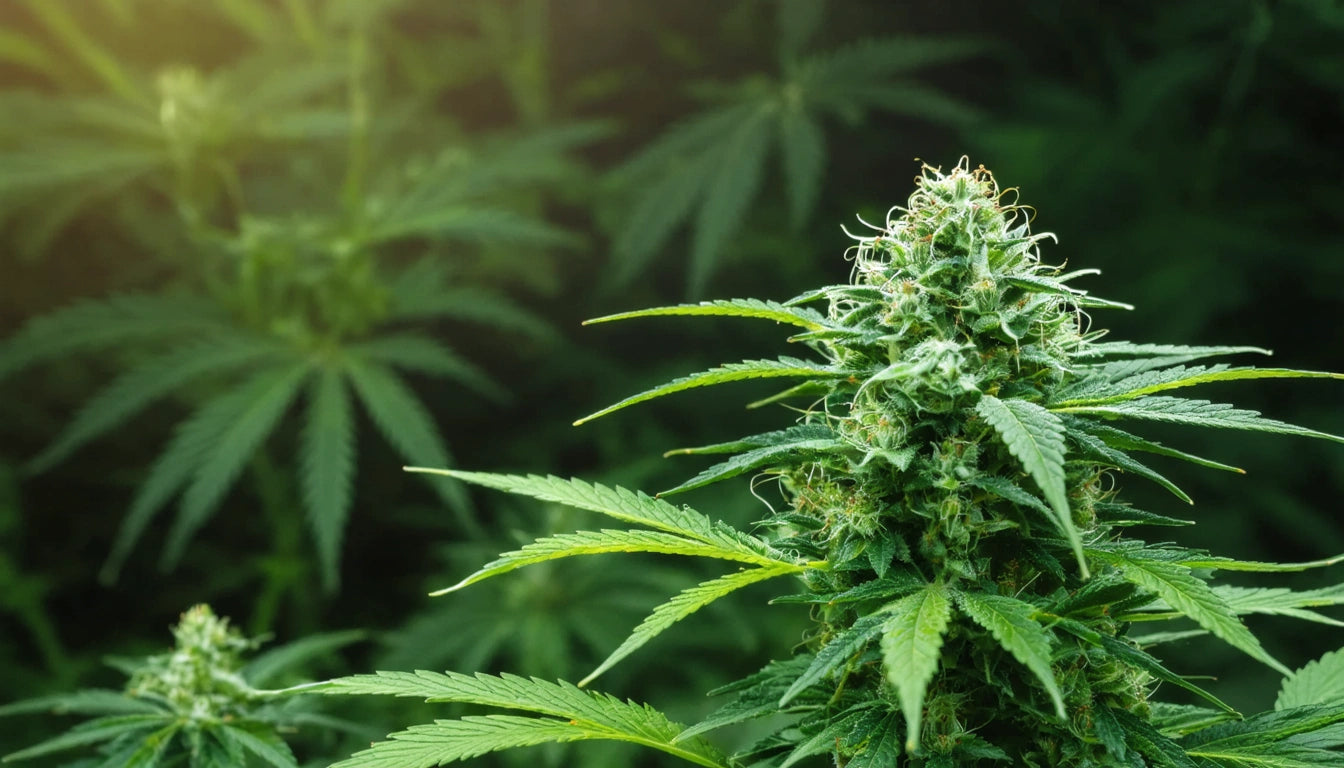 Green plant with pointed leaves and a dense, spiky cluster at the top, surrounded by similar foliage in soft focus