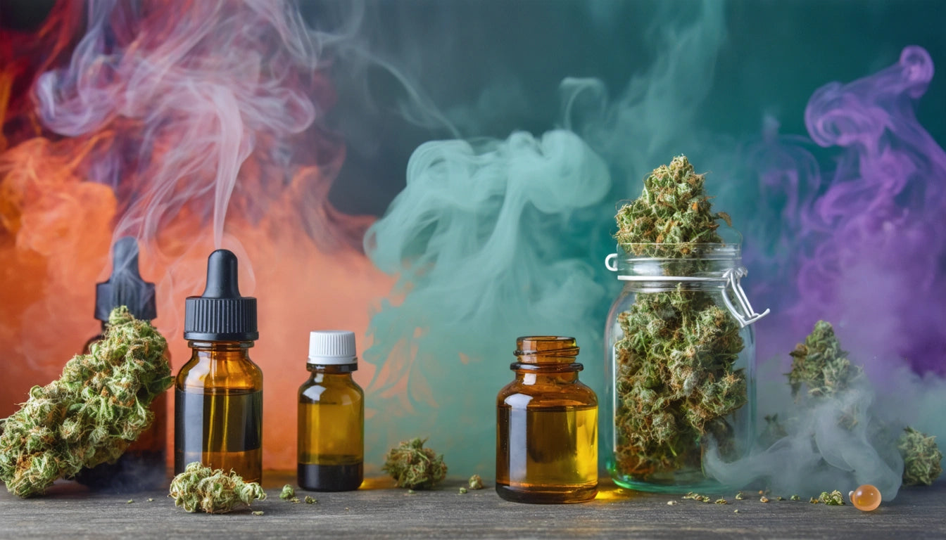 Glass jars with amber liquid, dropper bottles, and cannabis buds on a table, surrounded by colored smoke in green and orange hues