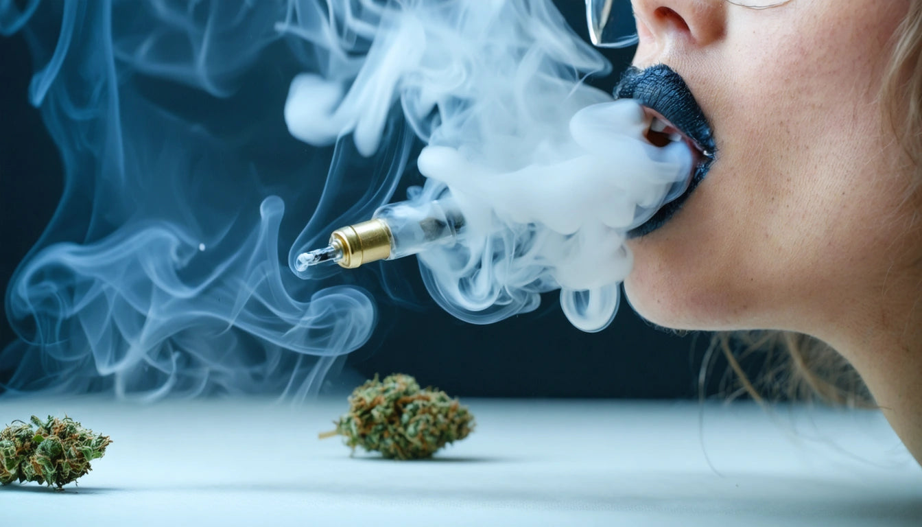 Person exhaling dense white vapor from a vape pen, with cannabis buds on a white surface