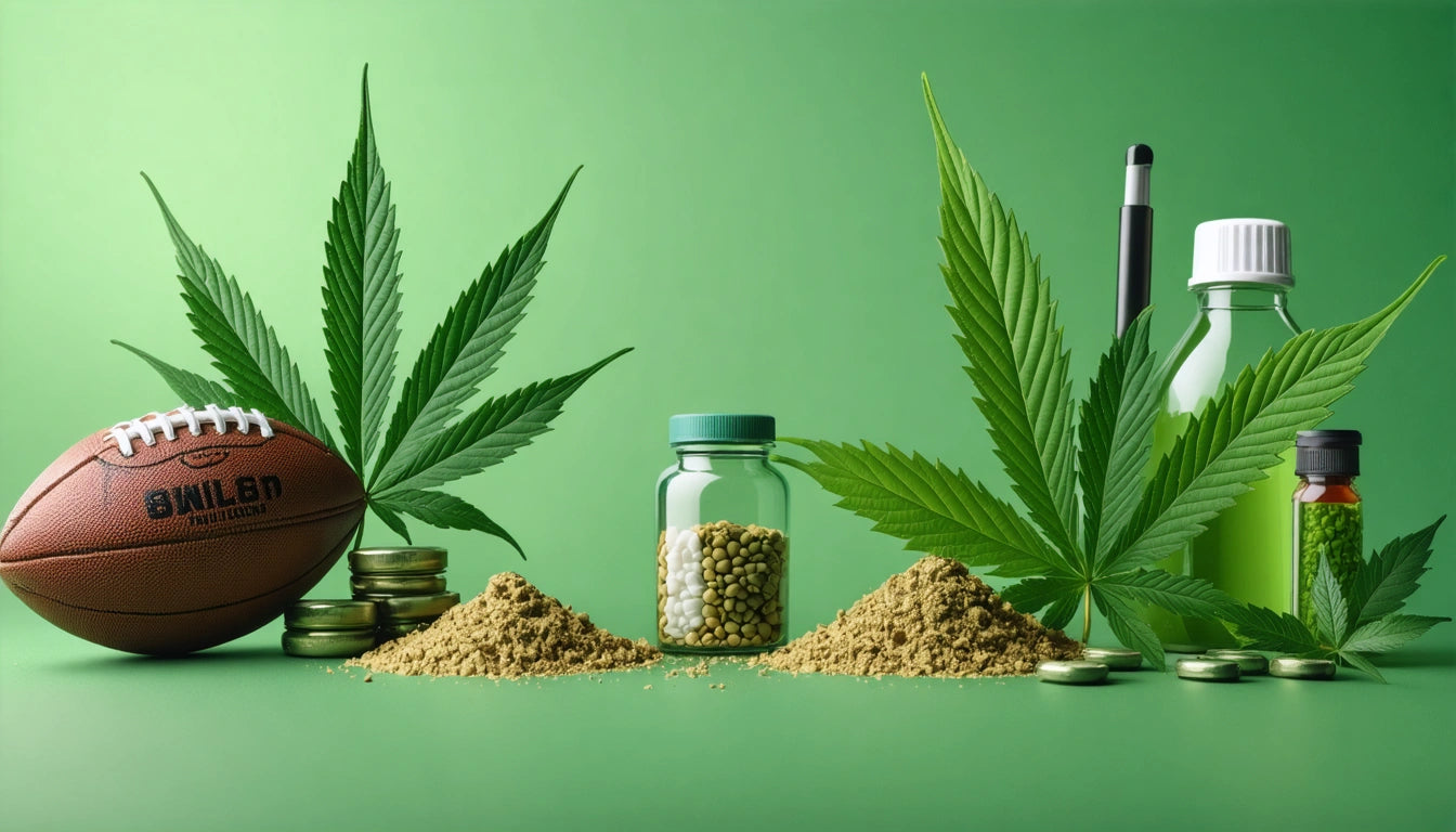 Football, cannabis leaves, coins, glass jars with seeds, piles of powder, green bottle, and capsules on green background