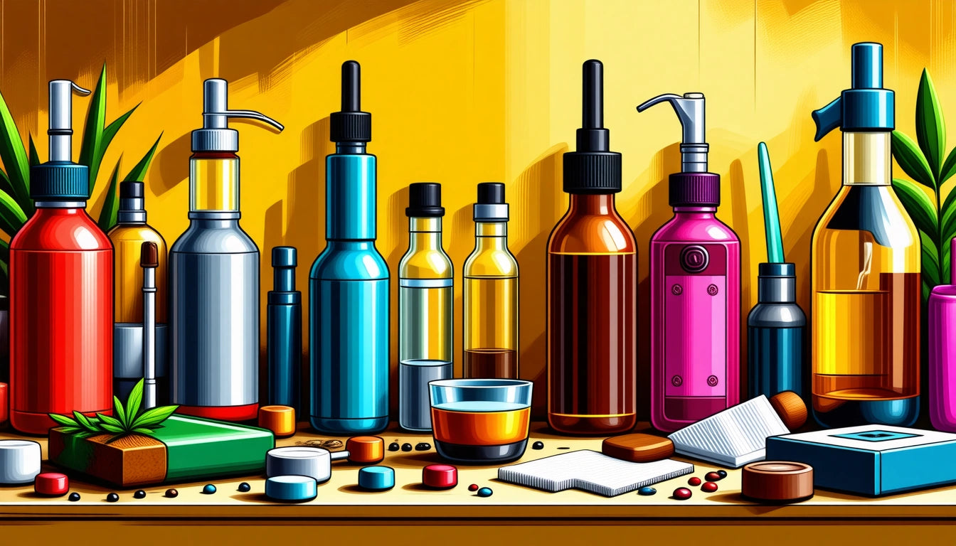Colorful bottles with pumps and caps on a wooden shelf, surrounded by small containers, a glass, and scattered pills