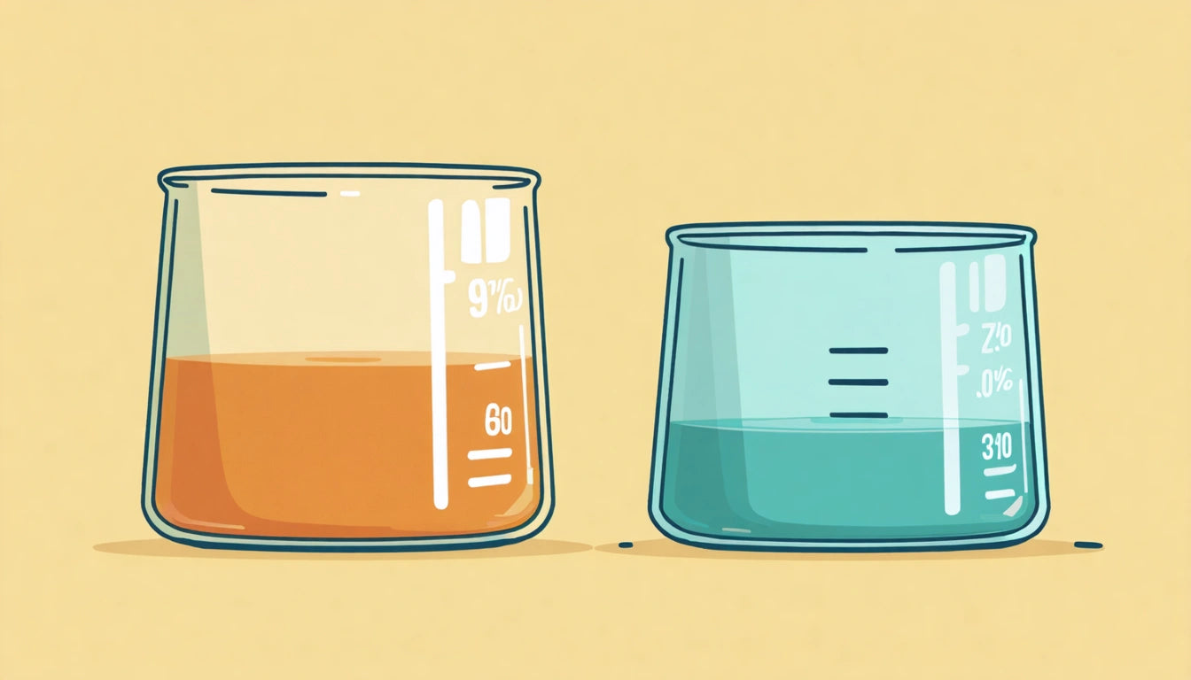 Two glass beakers on a beige background, one with orange liquid, the other with blue liquid, both marked with measurement lines