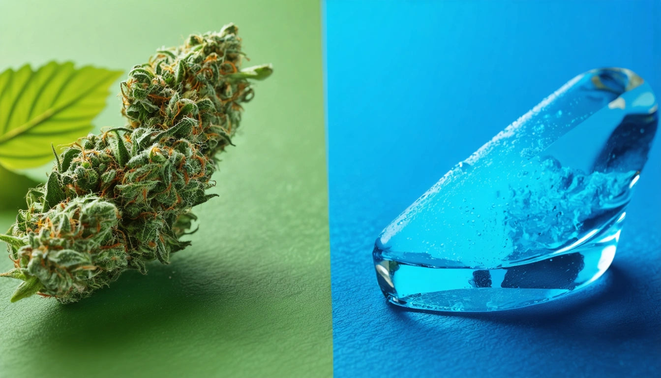 Green cannabis bud on left, blue crystal-like object on right, both on split green and blue background