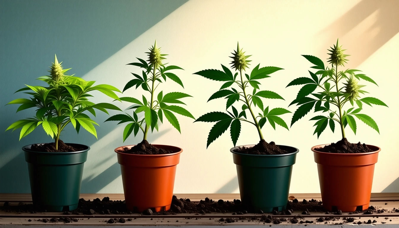 Four potted plants with green leaves and buds, two in orange pots and two in green pots, on a wooden surface with soil