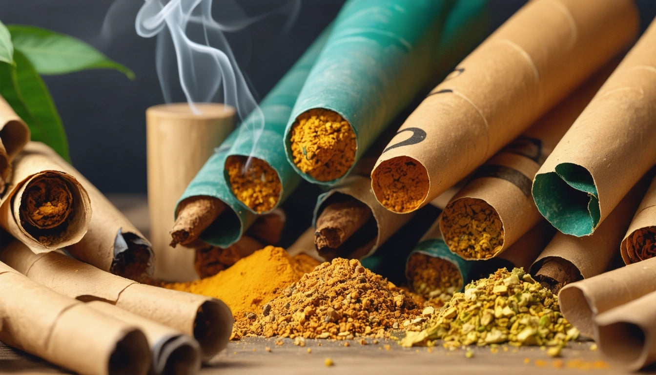 Rolled papers with colorful spices spilling out, including yellow, orange, and green powders, with smoke rising from a wooden holder