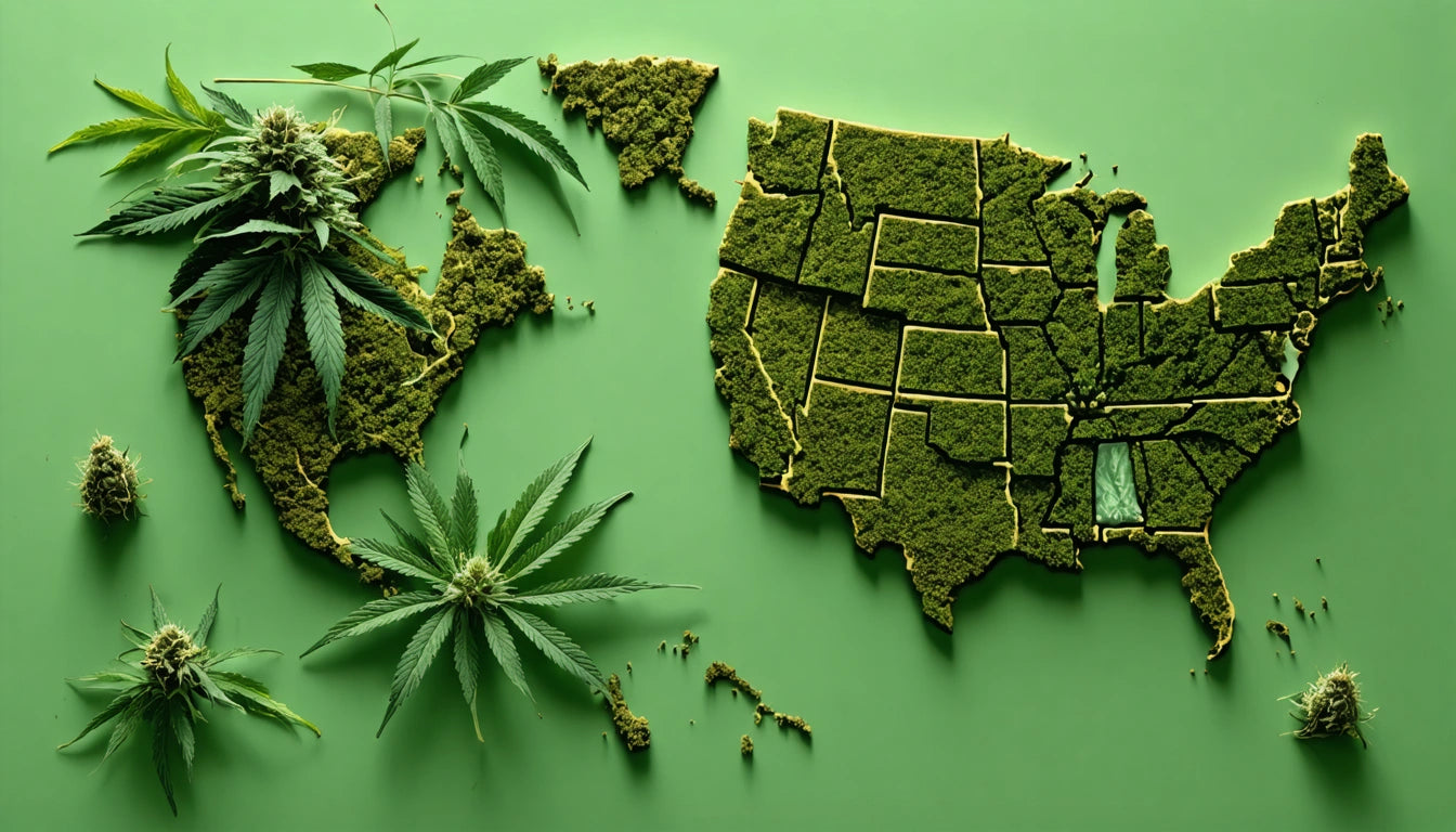 Map of North America made of moss on green background, with cannabis leaves and buds placed on the left side