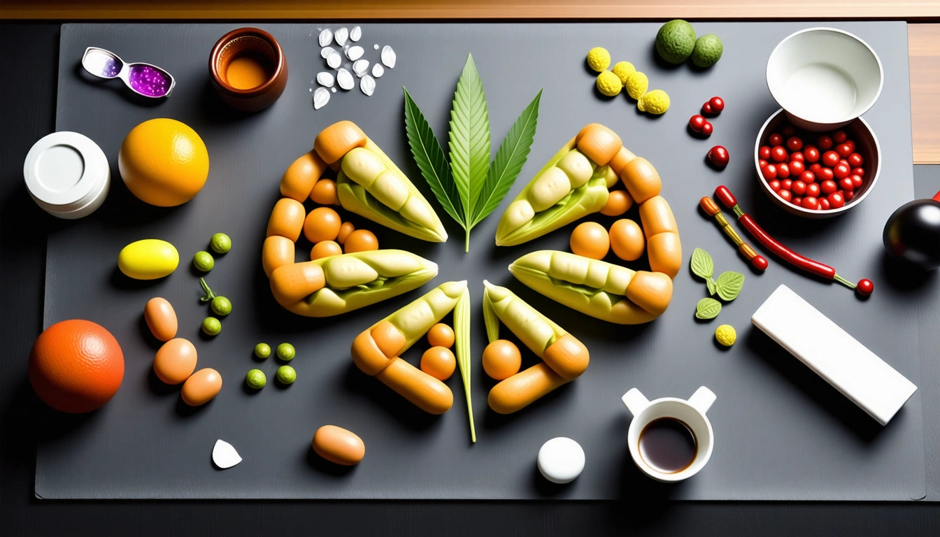 Assorted vegetables, fruits, and pills arranged symmetrically on a dark surface with a central green leaf and small bowls