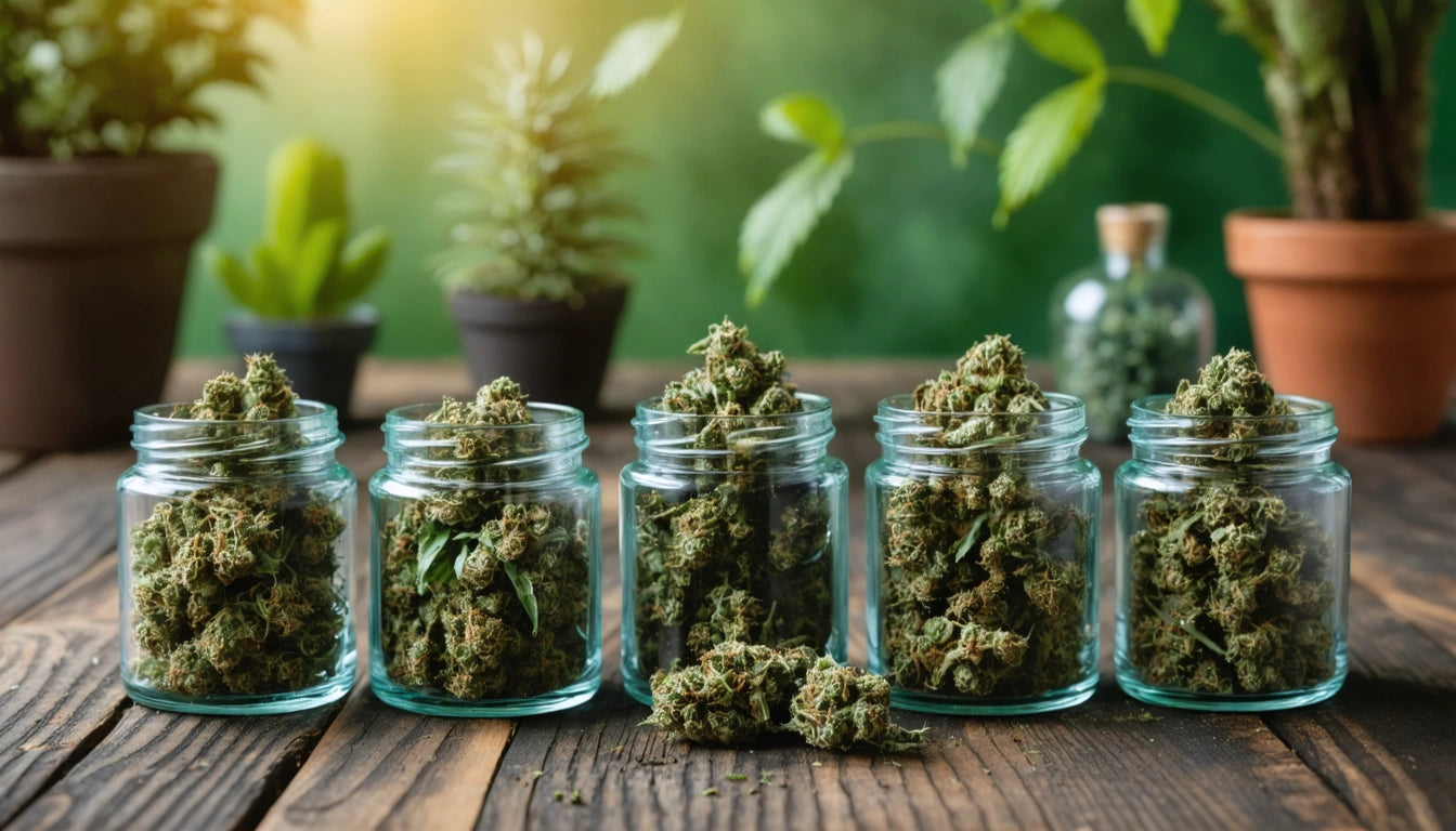 Five glass jars filled with green buds on a wooden table, with potted plants and soft sunlight in the background