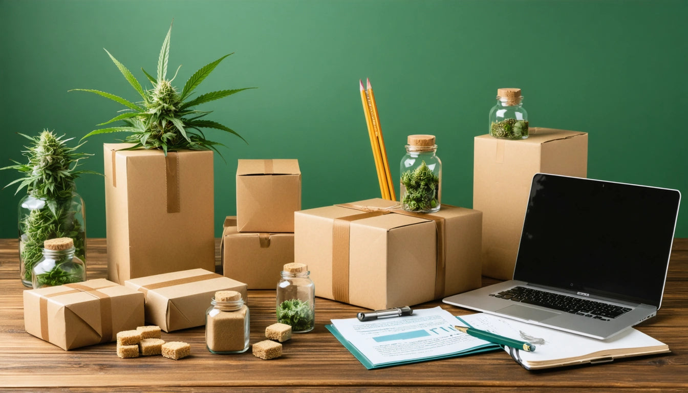 Cardboard boxes, glass jars with plants, laptop, clipboard with paper and pen, pencils in jar on wooden table against green background