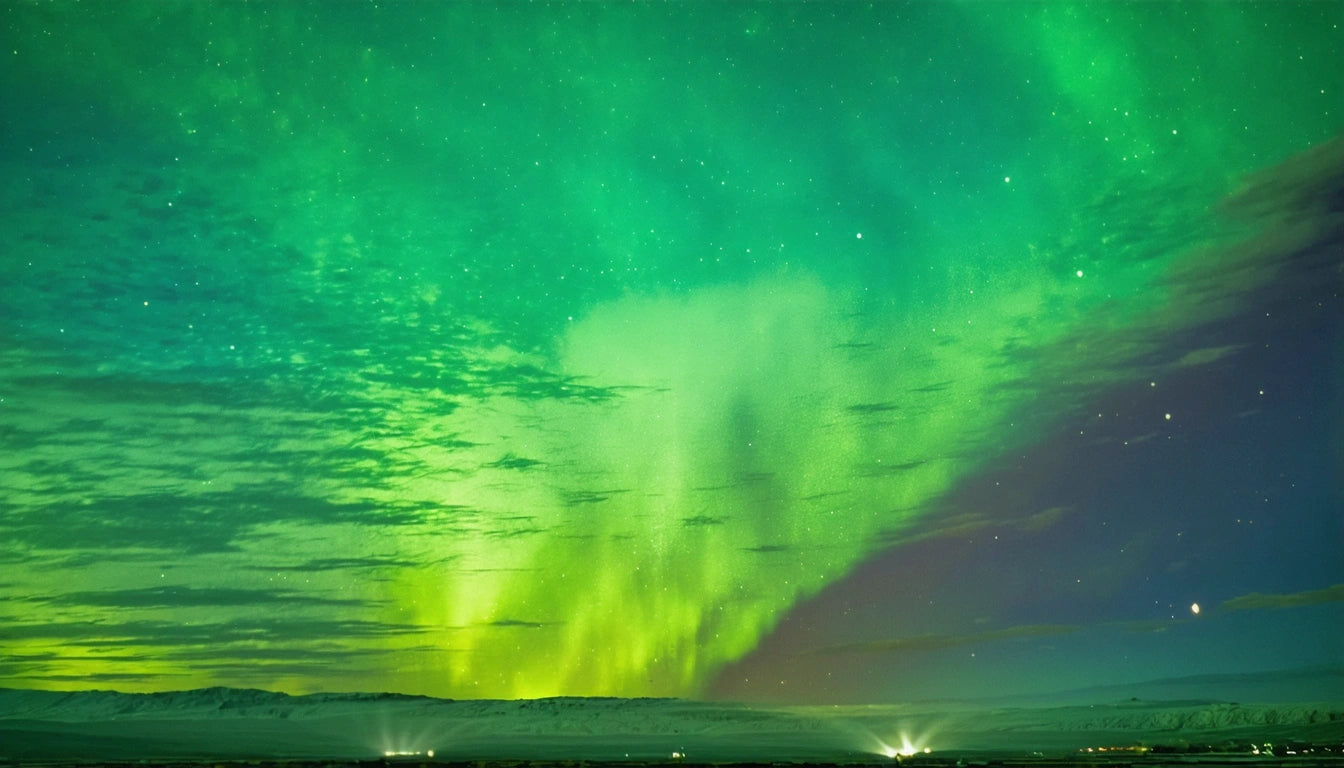Green and purple aurora lights fill the night sky above a dark landscape with distant lights on the horizon