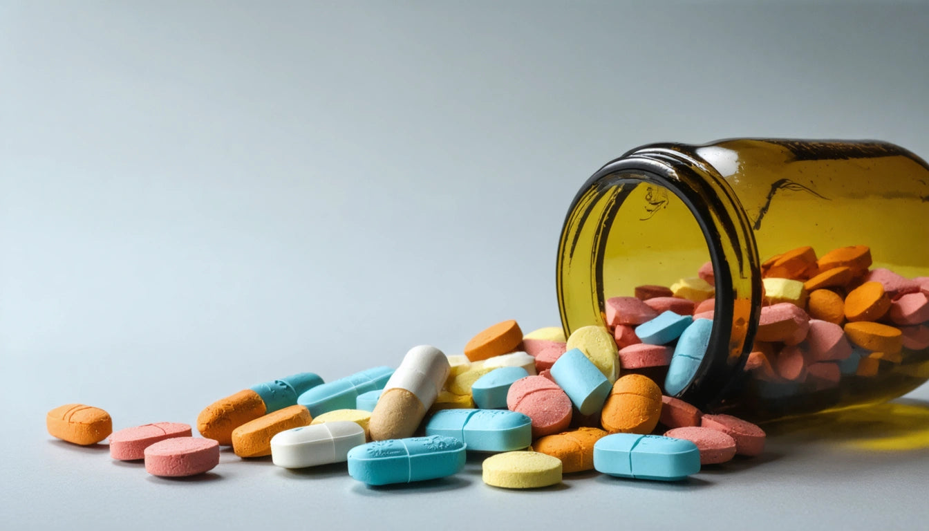 Brown glass bottle tipped over, spilling assorted colorful pills onto a gray surface
