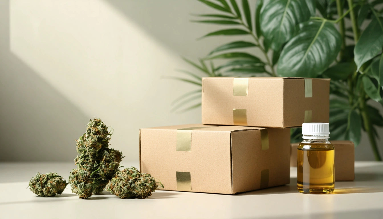 Three cardboard boxes stacked, glass bottle with amber liquid, green plant leaves, and clusters of dried green herbs