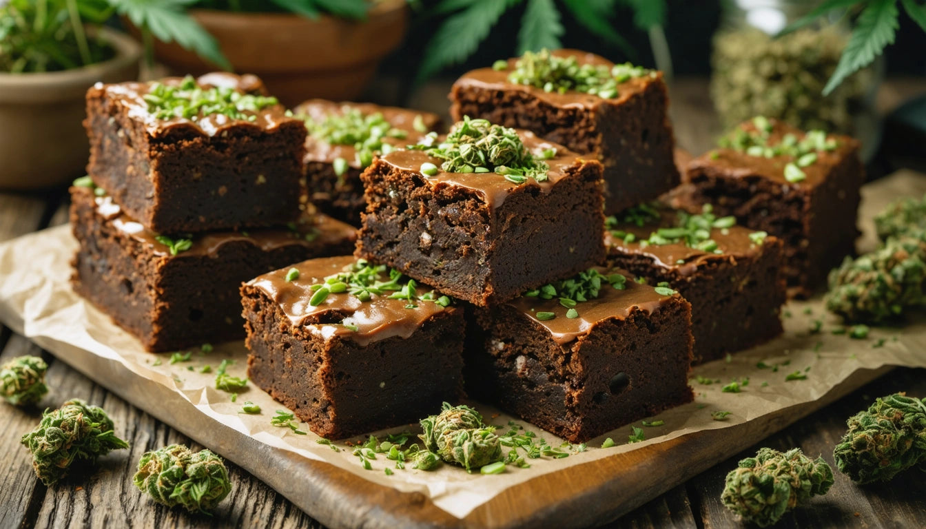Brownies topped with green herbs on parchment paper, surrounded by more herbs and wooden surfaces