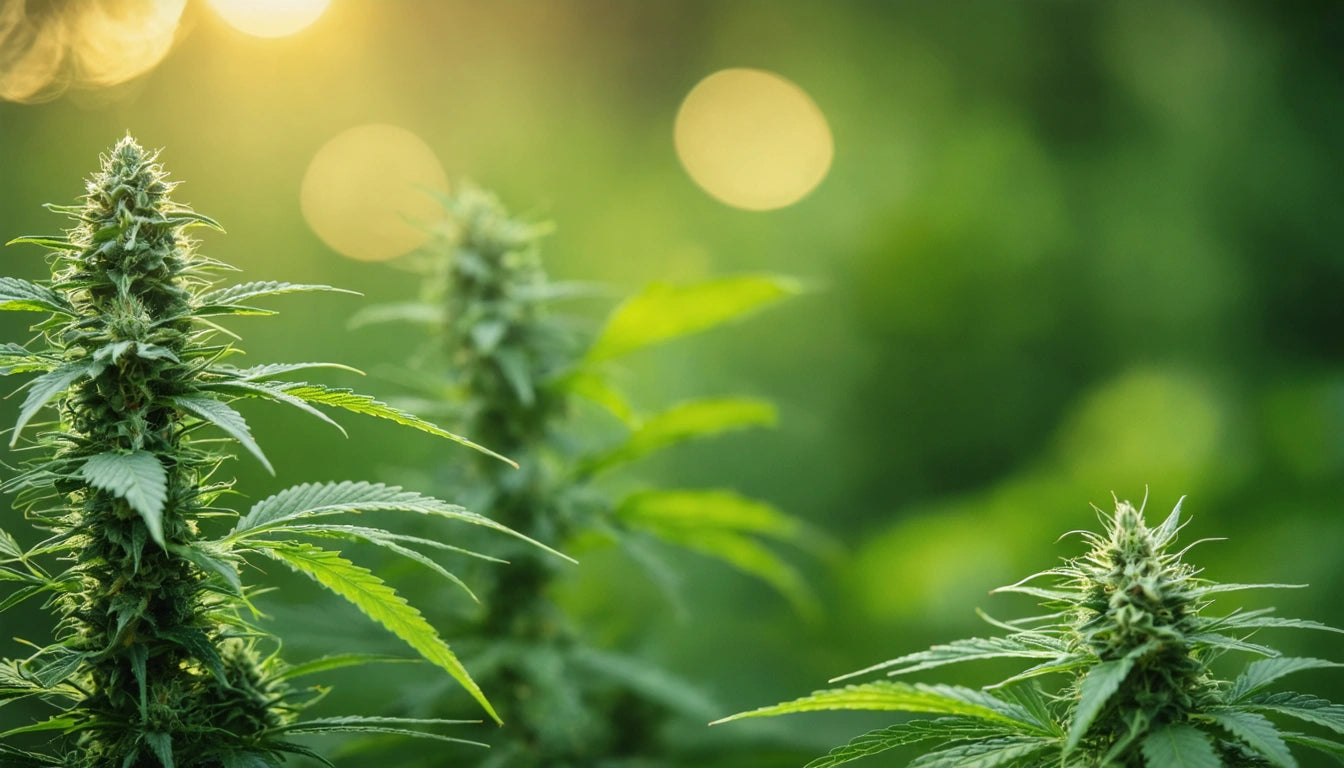 Sunlit green plants with spiky leaves and blurred circular light spots in the background