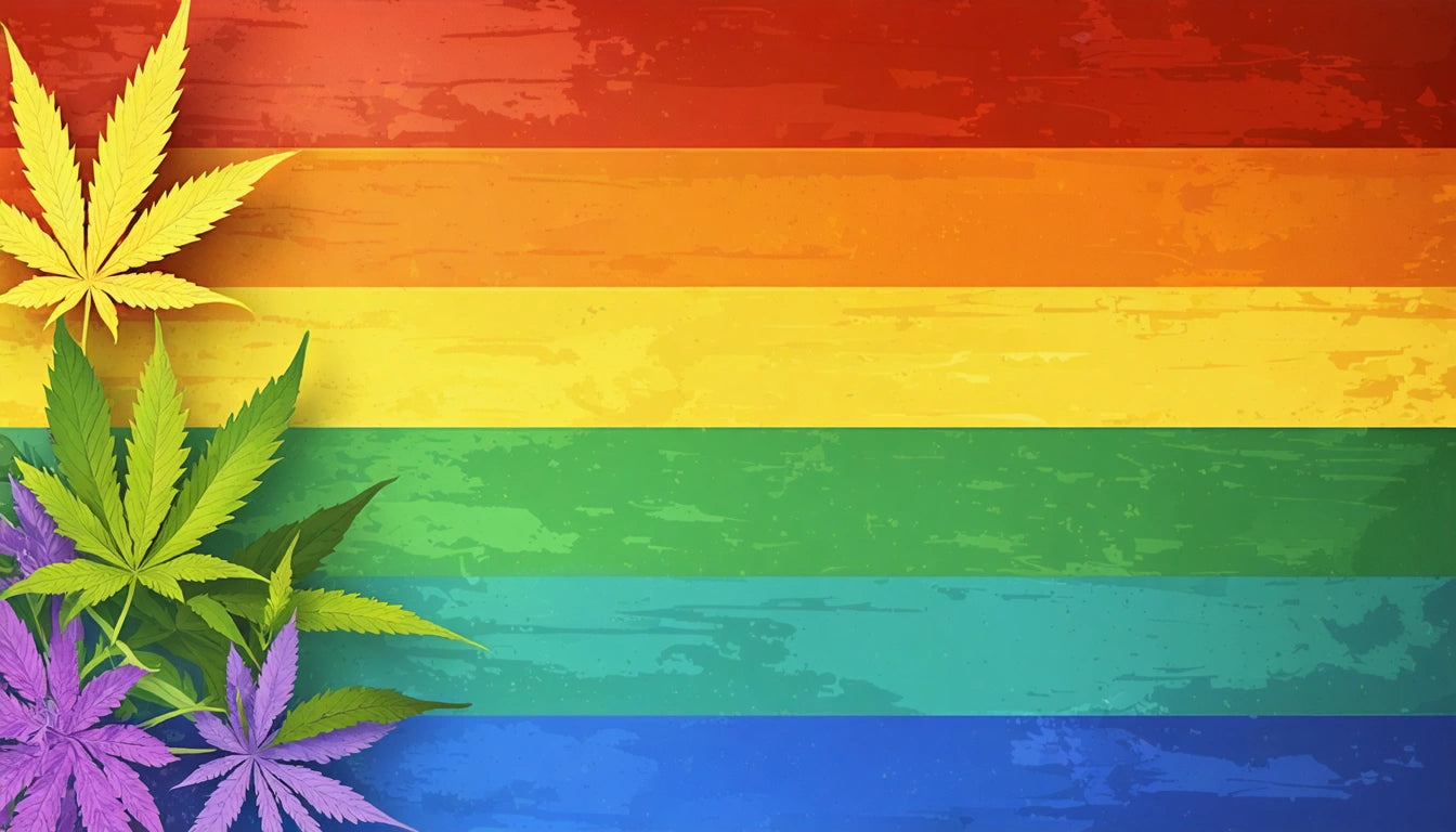 Colorful cannabis leaves on a rainbow-striped background with red, orange, yellow, green, blue, and purple bands