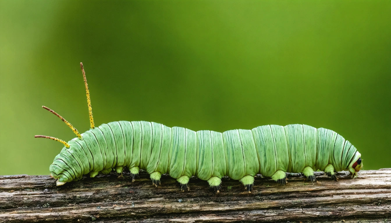 Green caterpillar with segmented body and two thin antennae on a wooden branch, blurred green background