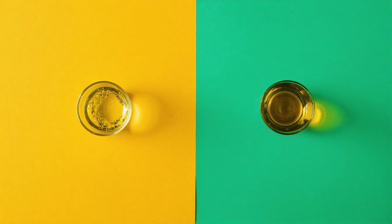 Two glasses with liquid, one on yellow background, one on green background, viewed from above