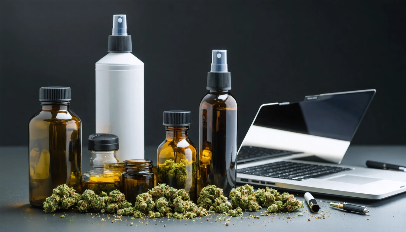 Brown glass bottles, white spray bottles, and cannabis buds near an open laptop and pen on a dark surface