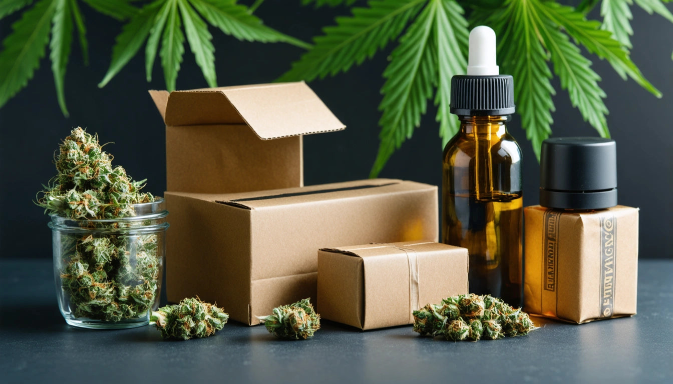 Brown cardboard boxes, glass jar with green buds, amber dropper bottles, and green leaves in the background