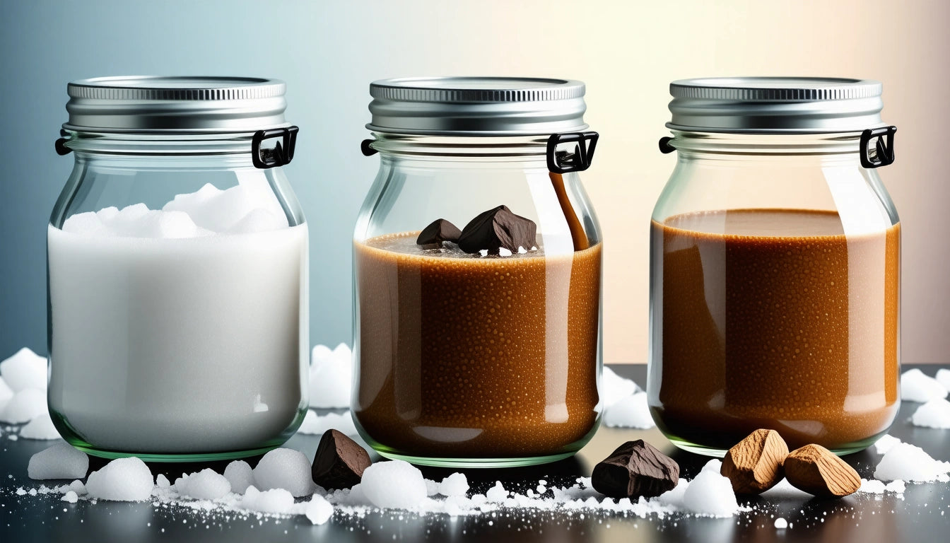 Three glass jars with metal lids; left jar with white sugar, middle with brown liquid and chocolate, right with brown liquid and nuts