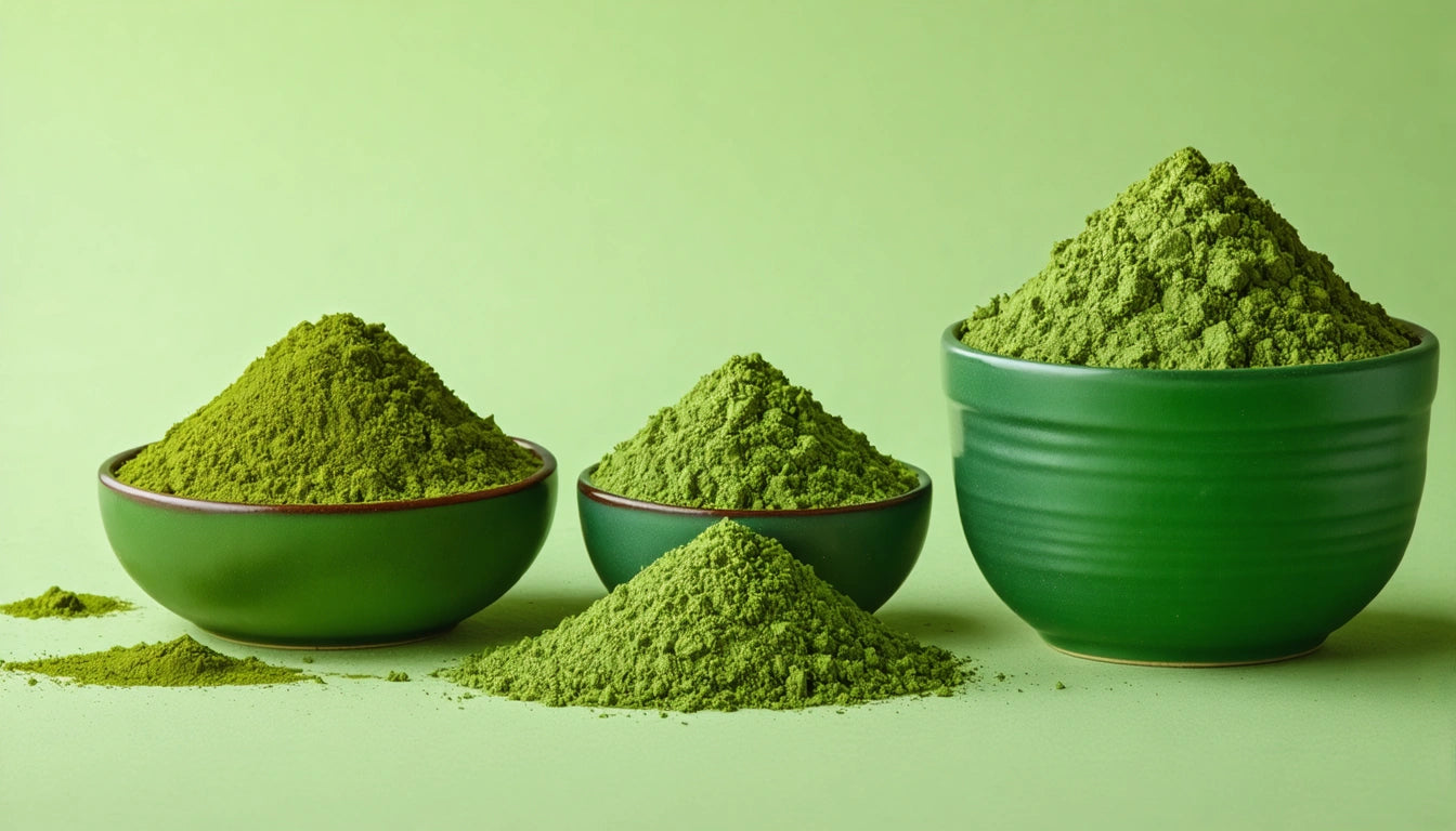 Three green bowls filled with green powder on a light green background
