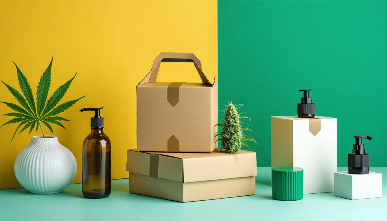 Brown boxes, glass bottle, white vase with green leaves, and pump bottles on green and yellow background