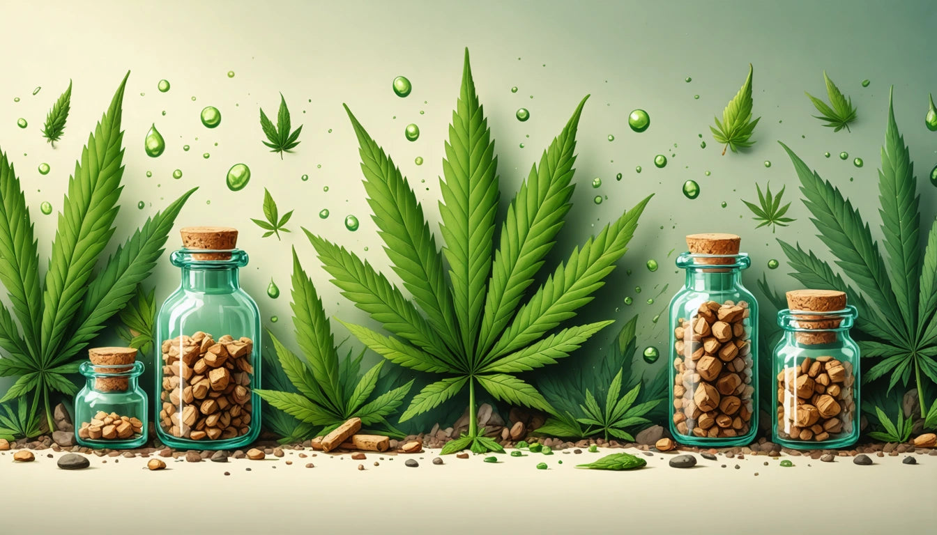 Glass jars with cork lids filled with seeds, large green leaves, and droplets on a light background