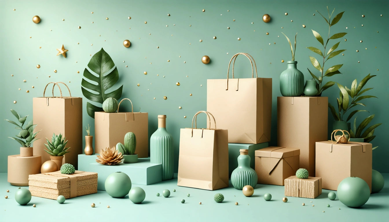 Brown paper bags and boxes with green plants, vases, and spheres on a green background with gold dots