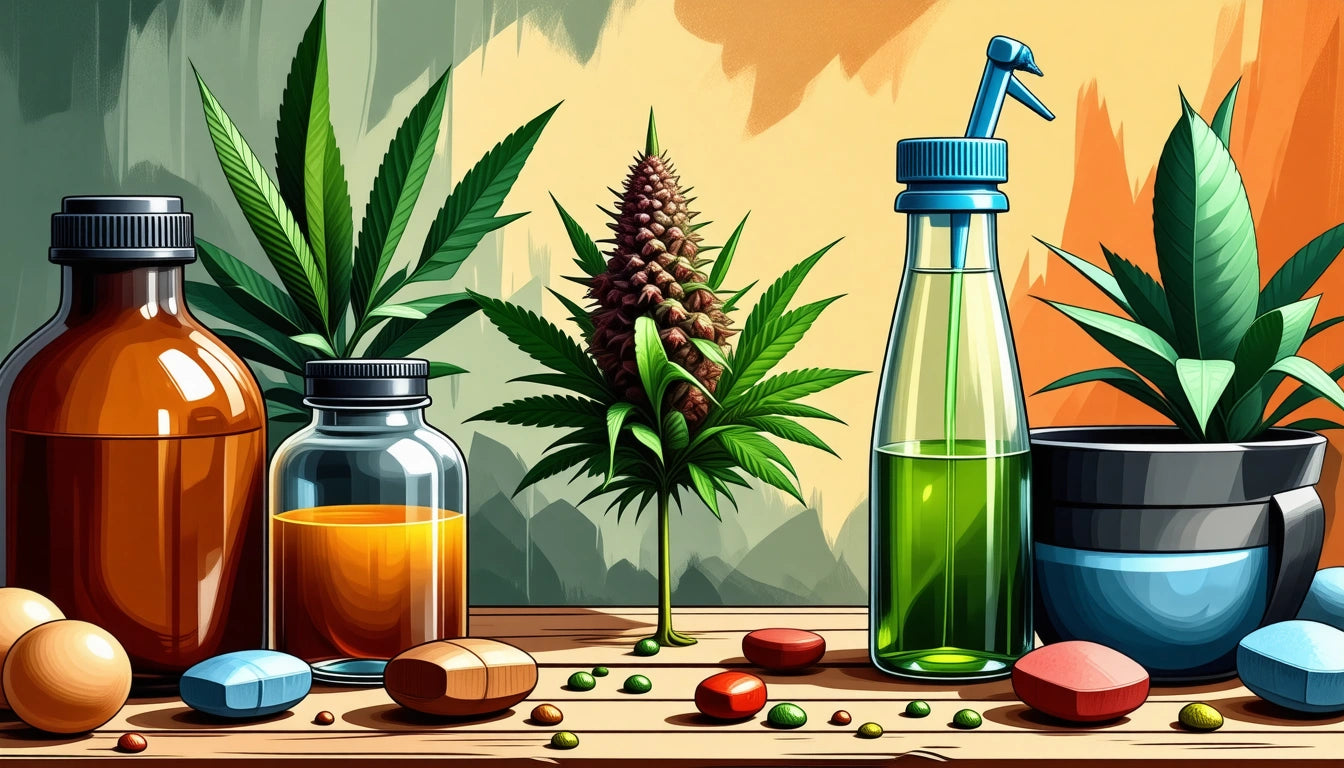 Bottles and pills on wooden table, cannabis plant in center, green liquid in bottle with pump, colorful pills scattered around