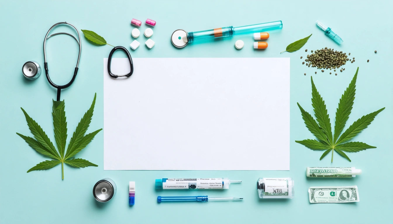 Stethoscope, syringes, pills, cannabis leaves, and medical vials arranged around a blank white paper on a light blue surface
