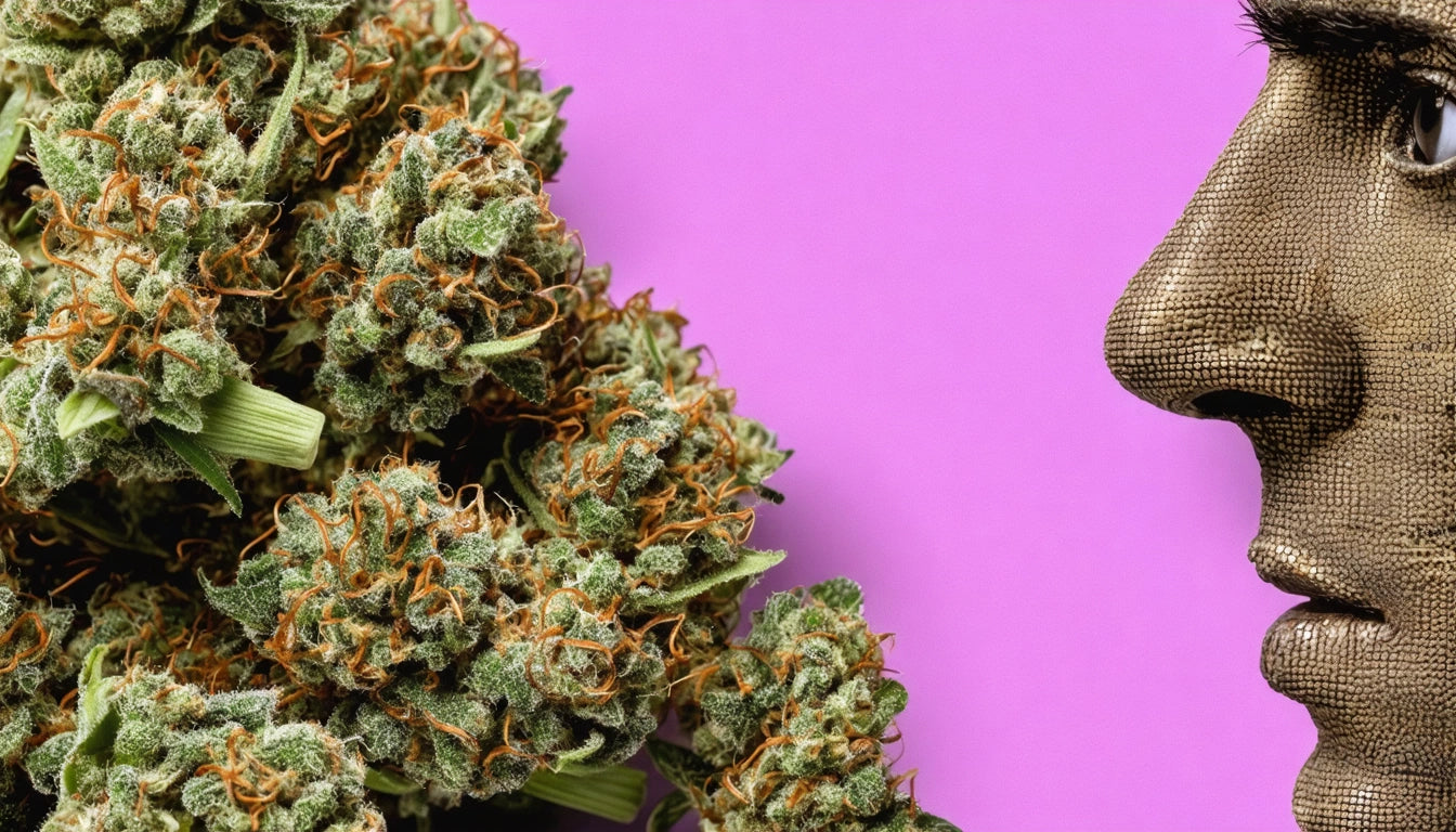 Close-up of a textured face profile next to a cluster of green and orange plant buds against a bright pink background