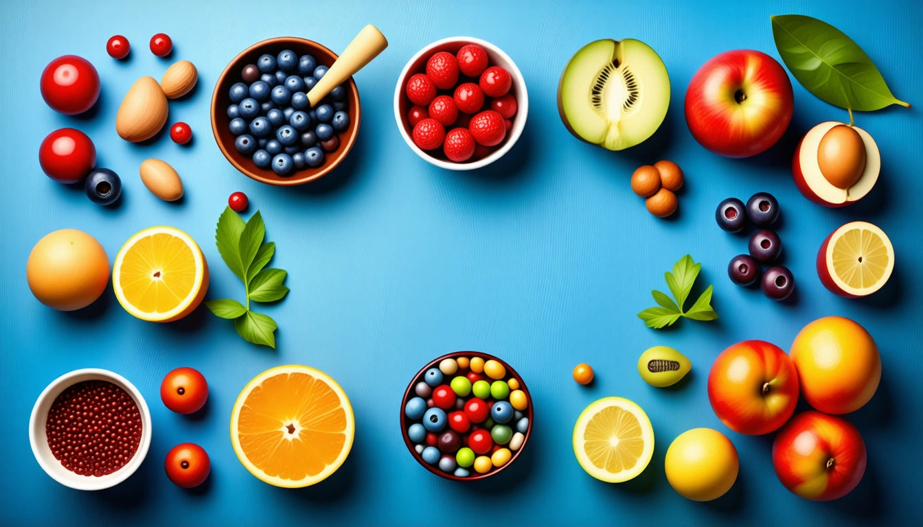 Assorted fruits and berries, including oranges, kiwis, and apples, arranged on a blue background with scattered leaves
