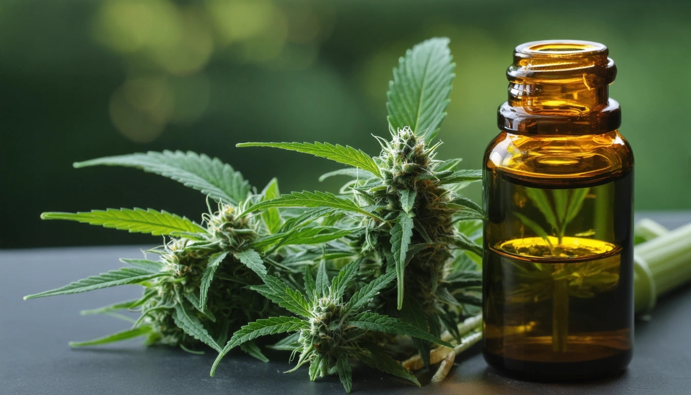 Amber glass bottle next to green leafy plant with spiky buds on dark surface, blurred green background