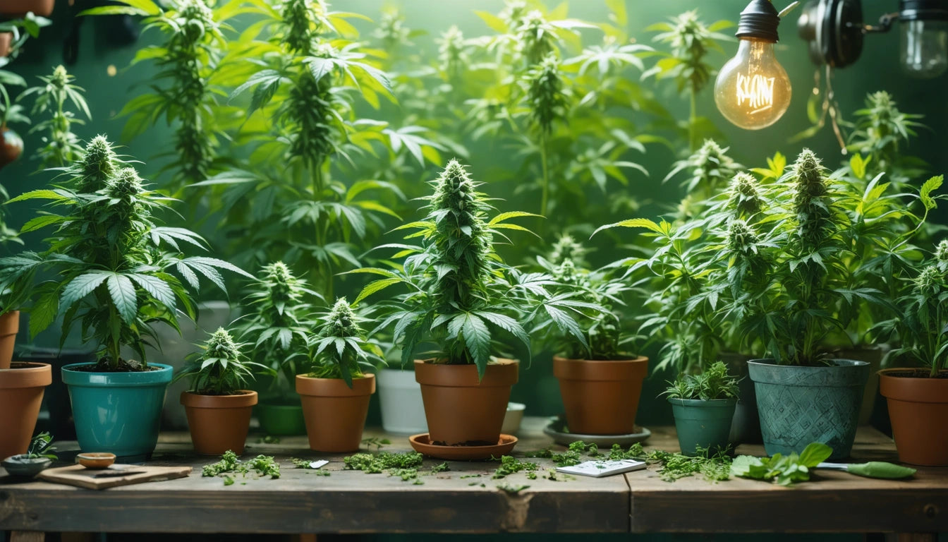 Potted plants with lush green leaves on a wooden table, illuminated by a glowing light bulb above