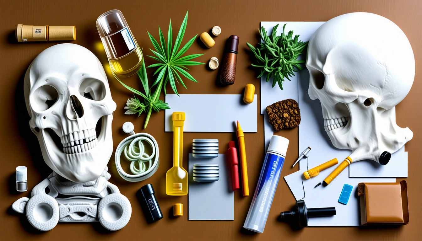 Two white skulls surrounded by various objects, including leaves, bottles, tubes, and small containers on a brown surface
