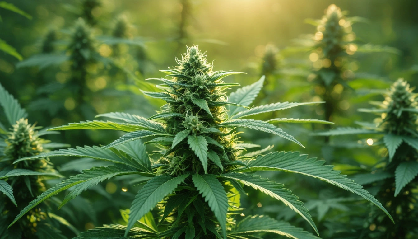 Green plant with pointed leaves and dense clusters, sunlight softly illuminating the background