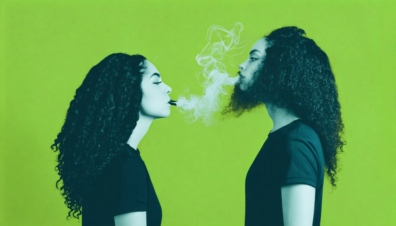 Two people with curly hair face each other, one blowing smoke, against a bright green background